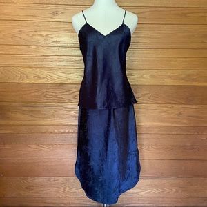Vintage navy floral embossed slip tank skirt set